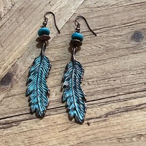 Copper color Turquoise pantina Feather Earrings